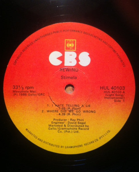 Image of Label Cover of 12" - VG/VG - STIMELA, Rewind (Gallo; HUL 40103, South Africa 1986, Picture Sleeve), Discolouration to centre labels., - 3525052E