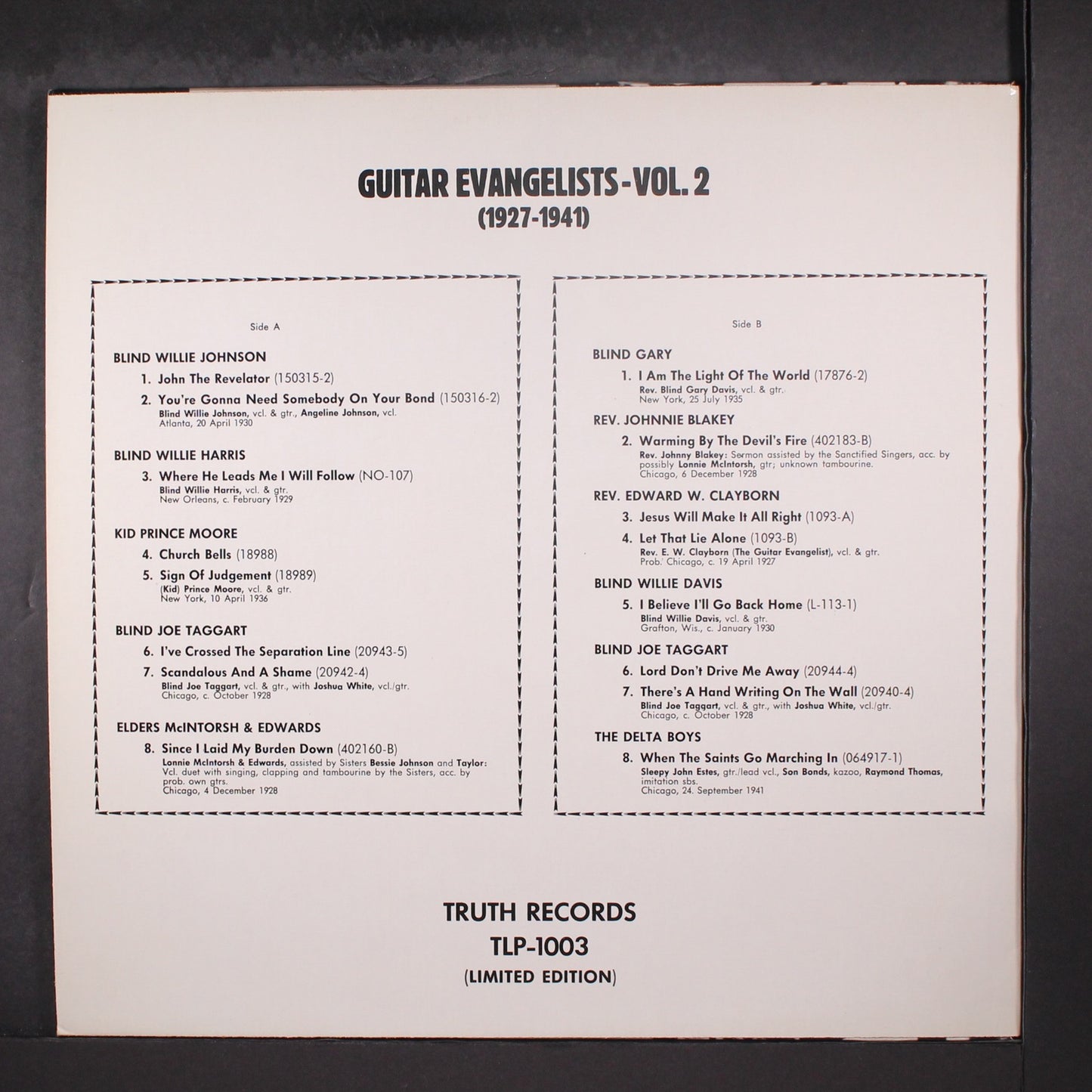 Image of Back Cover of LP - VG/VG+ - VARIOUS, Guitar Evangelists Volume II (1927-1941) (Truth Records; TLP-1003, Austria 1971), , - 3516254C