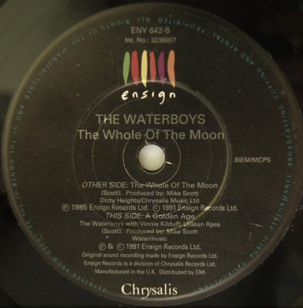 Image of Label Cover of 7" - VG/VG+ - THE WATERBOYS, The Whole Of The Moon (Ensign; ENY 642, UK 1991, Die Cut Sleeve), , - 3516101C