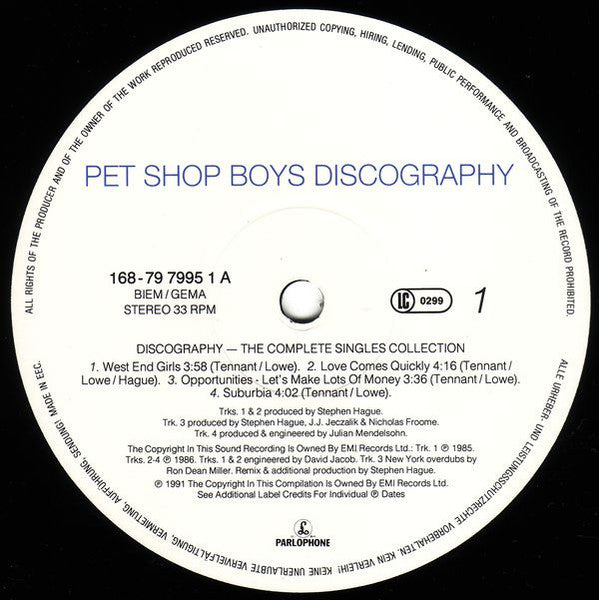 Image of Label Cover of 2xLP - VG/VG - PET SHOP BOYS, Discography (The Complete Singles Collection) (Parlophone BIEM/GEMA Rights; 168 7 97994 1, Europe 1991, 2 Inners), , - 3516261C