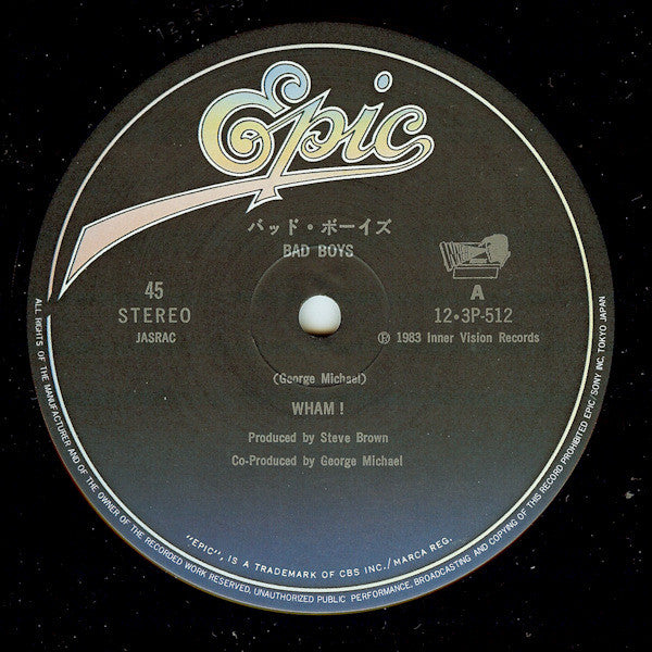 Image of Label Cover of 12" - VG/VG+ - WHAM!, Bad Boys / Club Tropicana (Epic; 12 3P-512, Japan 1984, Picture Sleeve, With Obi), Wear to sleeve opening., - 3516417C