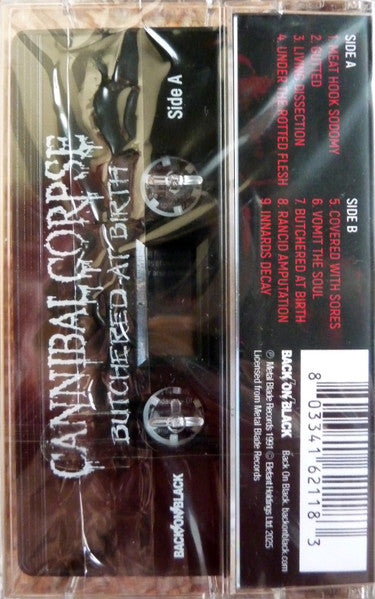 Image of Back Cover of Cassette - NEW/NEW - CANNIBAL CORPSE, Butchered At Birth (Back On Black; BOBV1180MC, Europe 2025 Reissue, J-Card, Black Shell), , - 3516544C