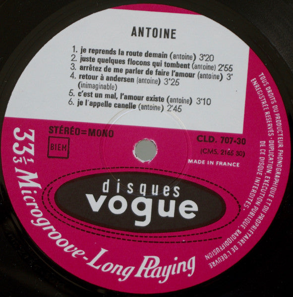 Image of Label Cover of LP - VG+/VG - ANTOINE, Je Reprends La Route Demain (Disques Vogue; CLD 707 30, France 1967), Strong VG, - 3626107E