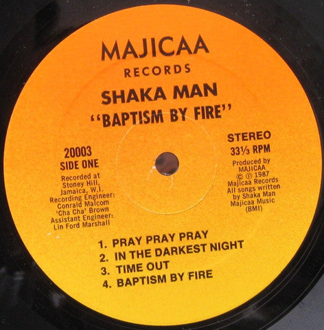 Image of Label Cover of LP - VG/EX - SHAKA MAN, Baptism By Fire (Majicaa Records; 20003, US 1987), Looks unplayed. Storage wear / creases on sleeve., - 3646148S