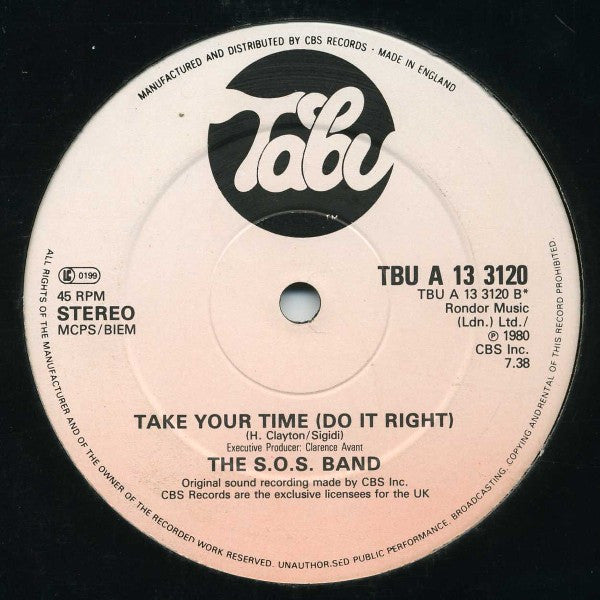 Image of Back Cover of 12" - /VG - THE S.O.S. BAND, Groovin' (That's What We're Doin') / Take Your Time (Do It Right) (Tabu Records; TBU A 13 3120, UK 1982), , - 3626189E