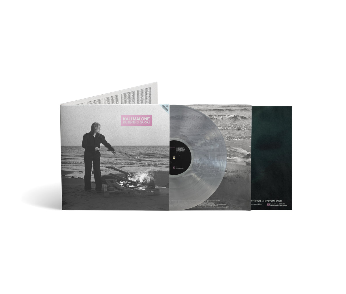 Image of Back Cover of LP - NEW/NEW - KALI MALONE, Burning Song (Ideologic Organ; SOMA078LP-C1, UK 2026, Gatefold, Indie Exclusive Clear Glass Vinyl), , Composer and organist Kali Malone returns with Burning Song, recorded on the Bach Organ at Leipzig's historic Thomaskirche. Joined by Lucy Railton on cello and Stephen O'Malley on bowed acoustic guitar, Malone develops the deep-listening collaboration of Does Spring Hide Its Joy through slow-moving, intuitive compositions. - 9412766C