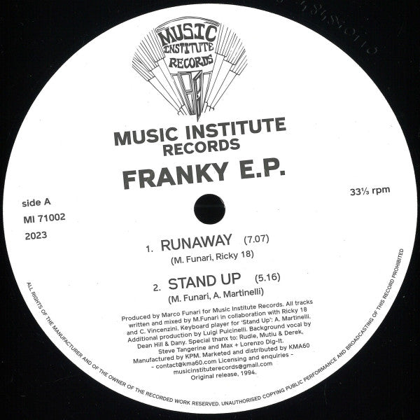 Image of Front Cover of 12" - /VG - MARCO FUNARI, Franky E.P. (Music Institute Records; MI71002, Italy 2023 Reissue), Strong VG, plays VG+, - 3646261S