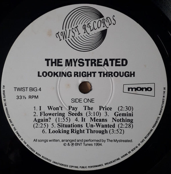 Image of Label Cover of LP - VG+/VG+ - THE MYSTREATED, Looking Right Through (Twist Records; TWIST BIG 4, UK 1994, Mono), Strong VG+, - 3626252E