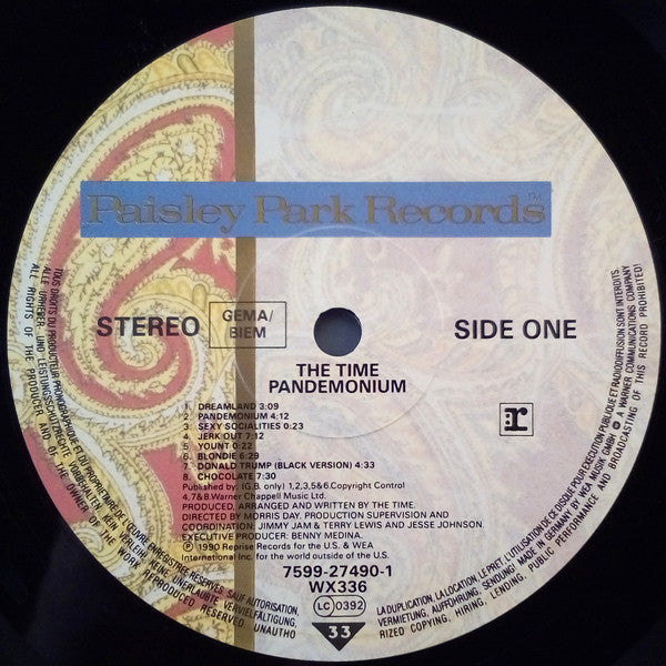 Image of Label Cover of LP - G+/G - THE TIME, Pandemonium (Paisley Park; 7599-27490-1, UK & Europe 1990), Lots of marks on record. Sleeve has liquid staining and damage at corner. Wear and small rips and creased at other corners and spine / edges. Small rip from opening and sticker damage on front, - 3616282C