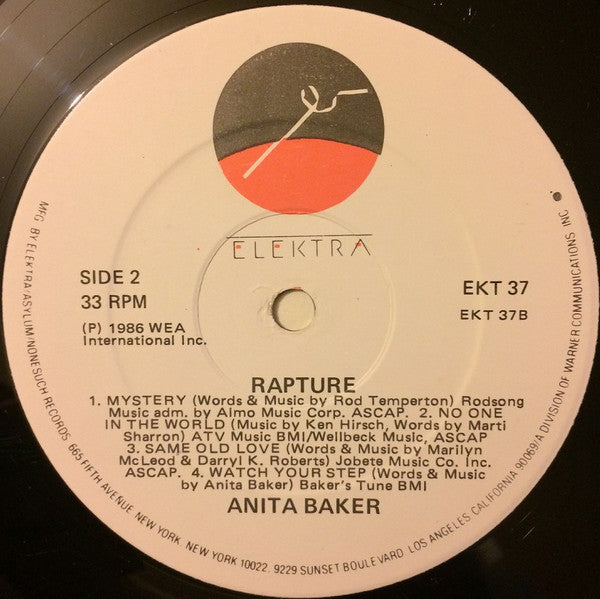 Image of Label Cover of LP - VG/VG+ - ANITA BAKER, Rapture (Elektra; EKT 37, Ireland 1986), A few light hairlines only., - 3626387E