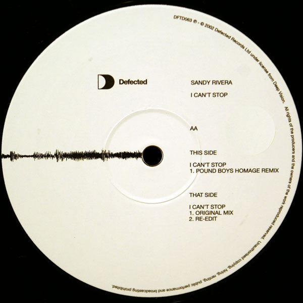 Image of Label Cover of 12" - VG/VG+ - SANDY RIVERA, I Can't Stop (Defected ; DFTD063, UK 2003), One or two light hairlines, - 3626367E