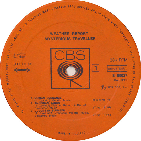 Image of Label Cover of LP - VG/VG - WEATHER REPORT, Mysterious Traveller (CBS; S 80027, Netherlands 1974, Company Inner), , - 3626392E