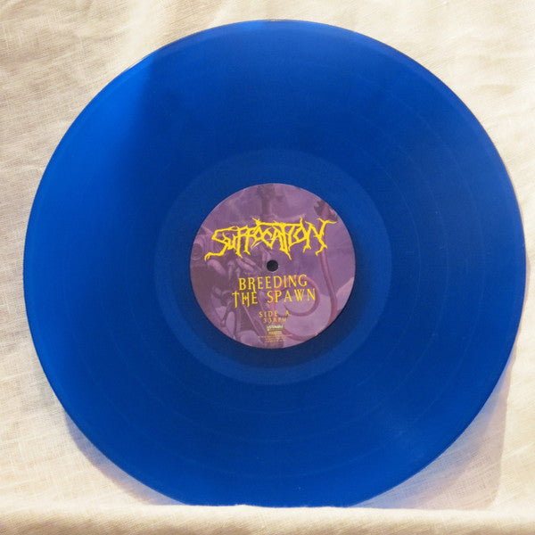 Image of Label Cover of LP - EX/VG+ - SUFFOCATION, Breeding The Spawn (Listenable Records; POSH333, France 2016 Reissue, Insert & Black Inner, Blue Transparent Vinyl), Still in hype stickered shrinkwrap., - 3626444E