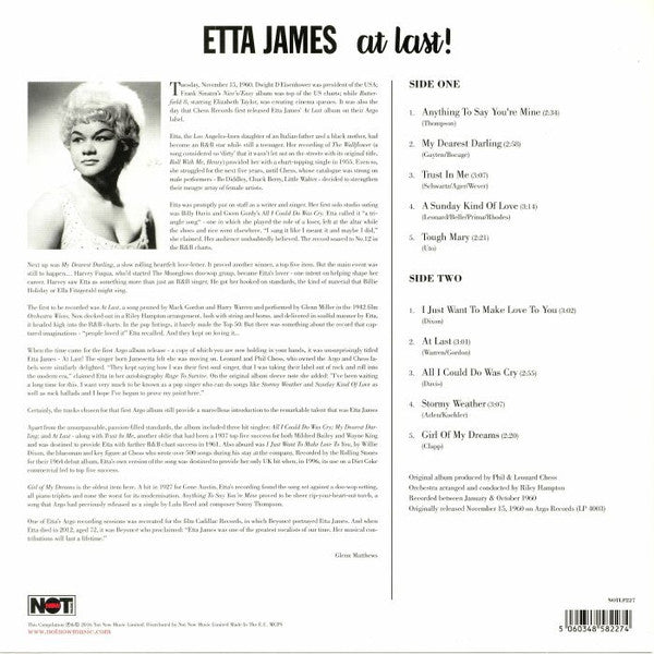 Image of Back Cover of LP - VG+/VG+ - ETTA JAMES, At Last! (Not Now Music; NOTLP227, UK 2016 Reissue, 180g Yellow Vinyl), Light marks only., - 3646447S