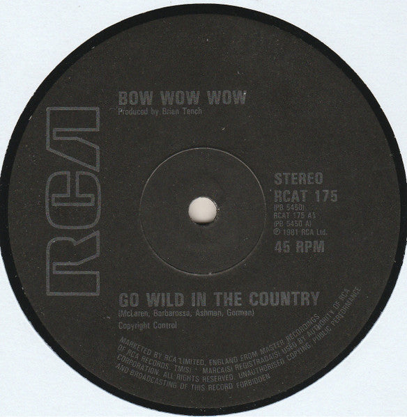 Image of Label Cover of 12" - VG+/VG+ - BOW WOW WOW, Go Wild In The Country (Extended Version) (RCA; RCAT 175, UK 1982, Picture Sleeve), , - 3616398C