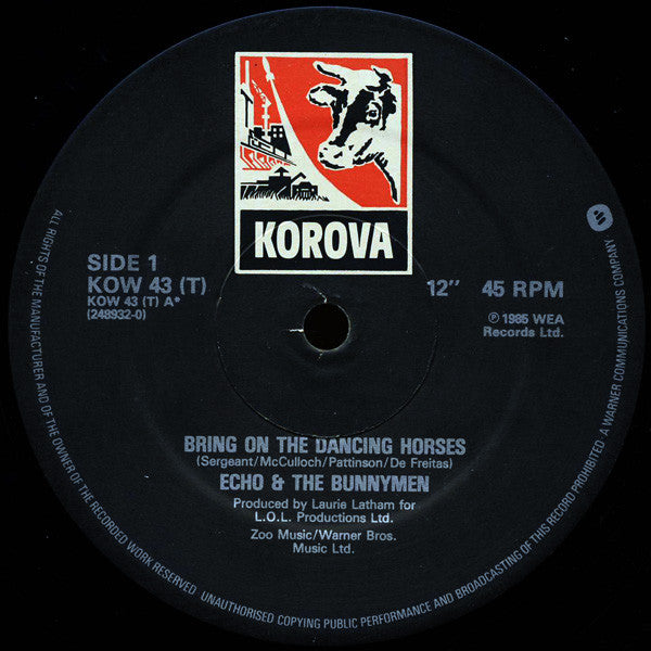 Image of Label Cover of 12" - VG+/VG+ - ECHO & THE BUNNYMEN, Bring On The Dancing Horses (Extended Mix) (Korova; KOW 43T, UK 1985), , - 3726069E