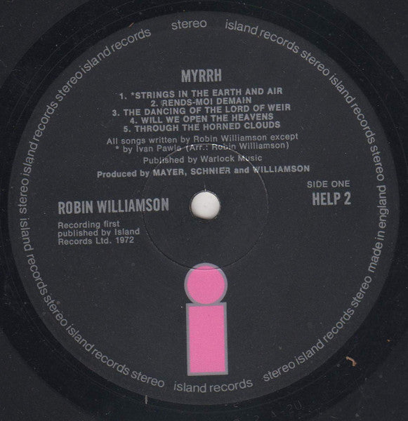 Image of Label Cover of LP - G+/G+ - ROBIN WILLIAMSON, Myrrh (Island Records; HELP 2, UK 1972 Reissue, Textured Sleeve, Inner), Split Spine, Edge Wear, Mucky Marks On Sleeve And Inner, - 3746169S