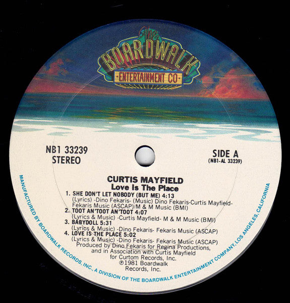 Image of Label Cover of LP - VG/EX - CURTIS MAYFIELD, Love Is The Place (The Boardwalk Entertainment Co; NB1-33239, US 1981, Company Inner), , - 3726128E