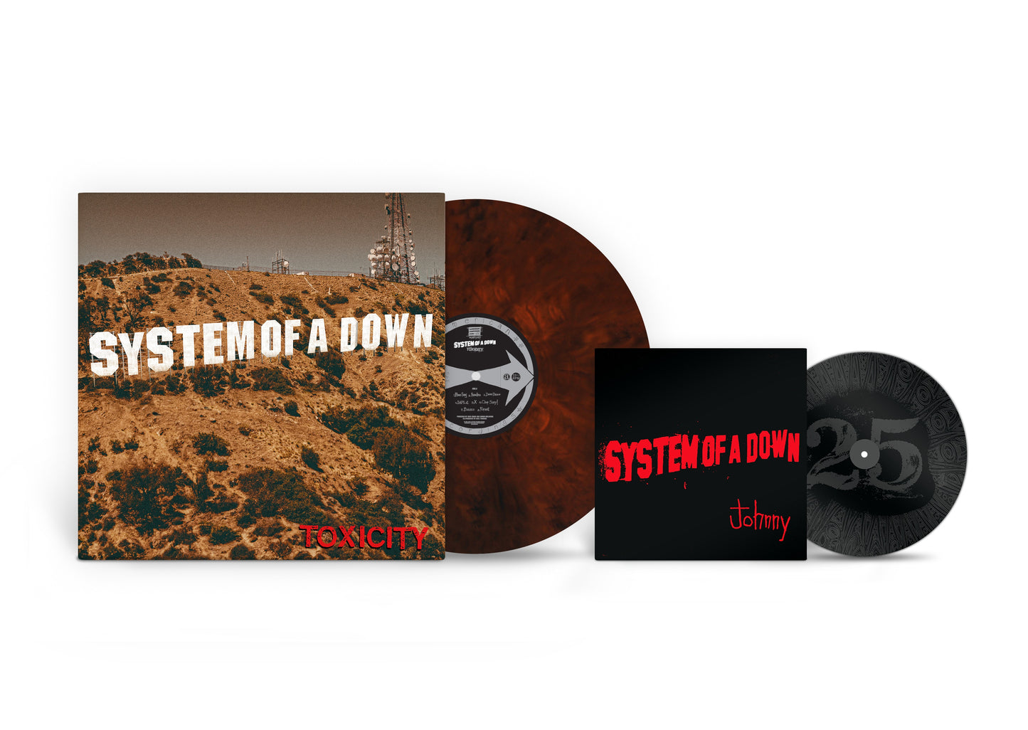 Image of Back Cover of LP - NEW/NEW - SYSTEM OF A DOWN, Toxicity (25th Anniversary) (Sony; 19958483441, UK 2026 Reissue, Indie Exclusive Burgundy Shadow Vinyl with 7"), , Celebrating 25 years of Toxicity with an exclusive anniversary edition burgundy shadow coloured vinyl. This release includes the original album plus a 7-inch single of the track "Johnny," previously only available as a bonus track on rare editions from 2001. The B-side of the 7-inch features a custom etched design. Also included in the LP