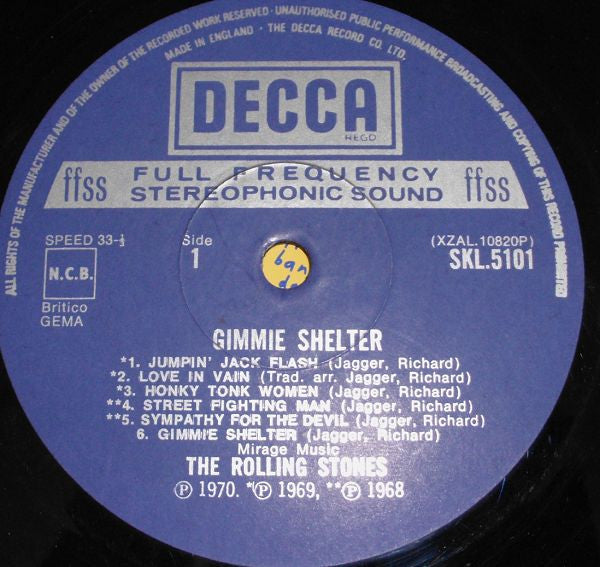 Image of Label Cover of LP - VG/VG - THE ROLLING STONES, Gimme Shelter (Decca Boxed Blue Labels With Britico & GEMA Below N.C.B. Box; SKL 5101, UK 1971, Laminated Front Sleeve, Stereo), A few light marks, Nice 'n' glossy, Writing on rear sleeve, - 4016397C