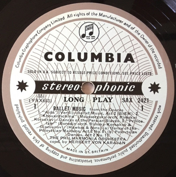 Image of Label Cover of LP - VG+/VG - HERBERT VON KARAJAN, PHILHARMONIA ORCHESTRA, Ballet Music From The Operas (Columbia Light Blue and Silver Inteference Pattern Label; SAX 2421, UK 1961, Laminated Flipback Sleeve), Some Surface Noise Throughout, - 3726281E