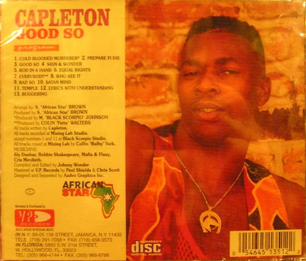 Image of Back Cover of CD - VG+/VG+ - CAPLETON, Good So (VP Records; VPCD 1351, US 1994, Jewel Case), , - 3716334C
