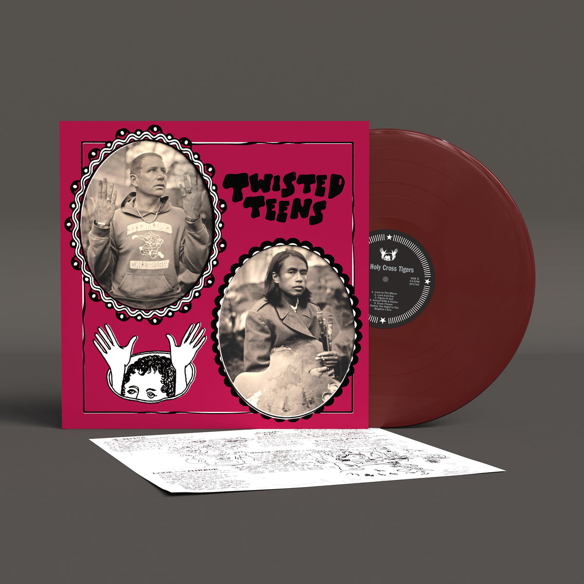 Image of Back Cover of LP - NEW/NEW - TWISTED TEENS, Holy Cross Tigers (Sub Pop; SP1755X, UK 2026, Loser Edition Maroon Vinyl), , Twisted Teens - aka Caspian Halliwell and RJ Santos - didn’t really exist before its 2024 debut LP, now known as The Orange Album. The pair had been making music from Cajun/country to anarcho-folk under the radar and off the grid, living and working itinerantly. Twisted Teens came from a pandemic-induced burst of inspiration that drew them together to record, in suitably lo-fi fa