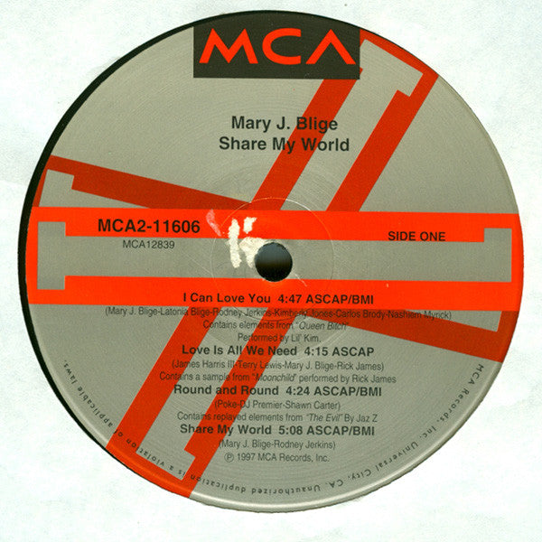 Image of Label Cover of 2xLP - G+/VG+ - MARY J. BLIGE, Share My World (MCA Records ; MCA2-11606, US 1997, Picture Sleeve), Sleeve has hype stickered shrink with a few rips in plastic. A small green / yellow ink stain underneath plastic on reverse. Light staining on front. Creased corners, - 3416458C