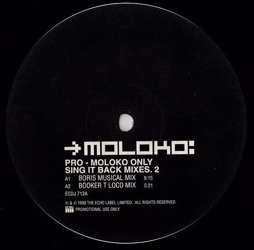Image of Label Cover of 12" - G+/G+ - MOLOKO, Sing It Back (Mixes. 2) (Echo; ECDJ 712, UK 1999, Promo, Picture Sleeve), Sleeve signed by Booker T - addressed to previous owner. Disc scuffed and marked, sleeve marked and ringworn., - 3816010C