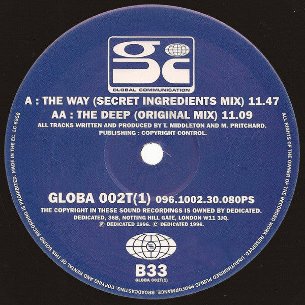 Image of Label Cover of 12" - G+/G+ - GLOBAL COMMUNICATION, The Way / The Deep (Dedicated; GLOBA 002T(1), UK 1996, Picture Sleeve), Lots of marks and hairlines. Plays better than it looks. Sleeve is very battered and frayed with split spine. Marker on label., - 3816029C