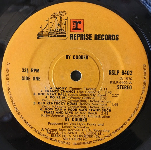 Image of Label Cover of LP - VG/VG - RY COODER, Ry Cooder (Reprise Records; RSLP 6402, UK 1970s Reissue), , - 3816080C