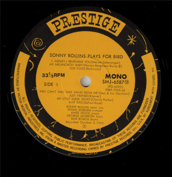 Image of Label Cover of LP - VG/VG+ - SONNY ROLLINS QUINTET WITH KENNY DORHAM AND MAX ROACH, Rollins Plays For Bird (Prestige; SMJ-6587M, Japan 1978 Reissue, Pasteback Sleeve, Insert, Mono, with Obi), Edge wear, Obi torn at bottom & damaged edges, - 3846054S