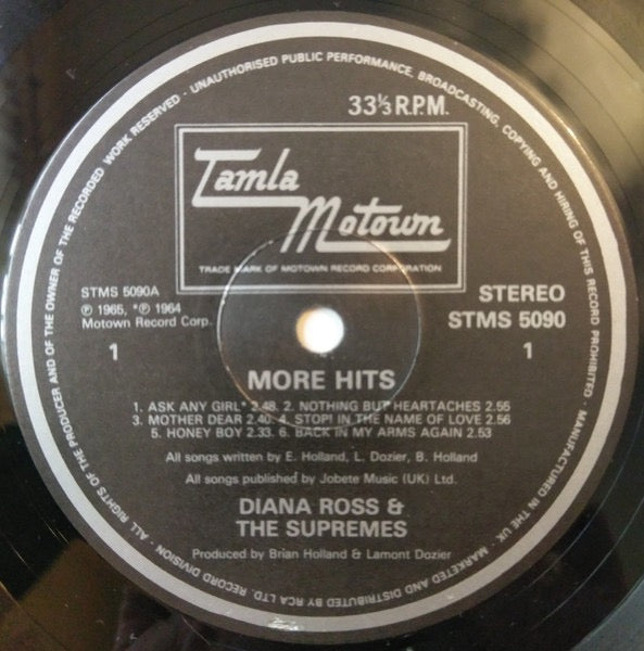 Image of Label Cover of LP - VG/VG - THE SUPREMES, More Hits By The Supremes (Tamla Motown; STMS 5090, UK 1982 Reissue), Light marks only, - 3816228C