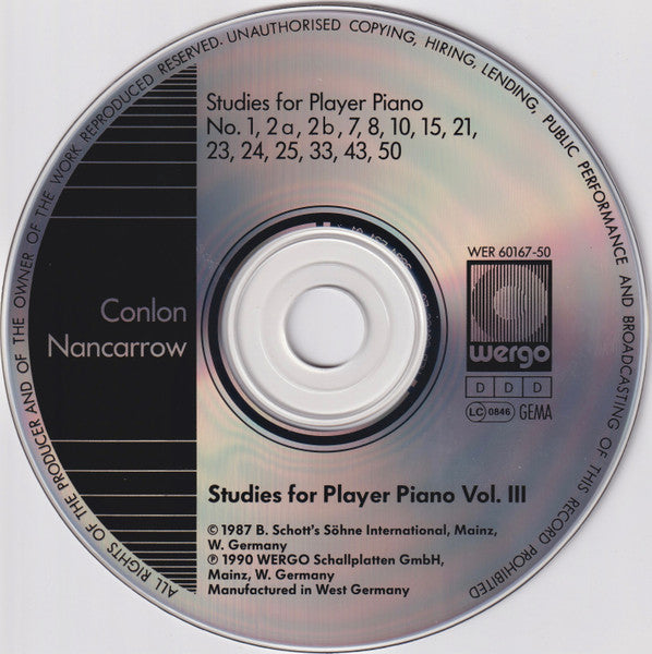Image of Label Cover of 2xCD - VG+/VG+ - CONLON NANCARROW, Studies For Player Piano Vol. I & II (WERGO; WER 6168-2, Germany , Double CD Case), , - 3836101E