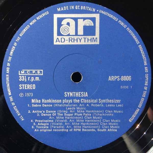 Image of Label Cover of LP - VG/VG+ - MIKE HANKINSON, Synthesia (Ad-Rhythm ; ARPS-8006, UK 1973, Laminated Front Sleeve), Slight Manufacturing Flaw to Front Sleeve, - 3826178E