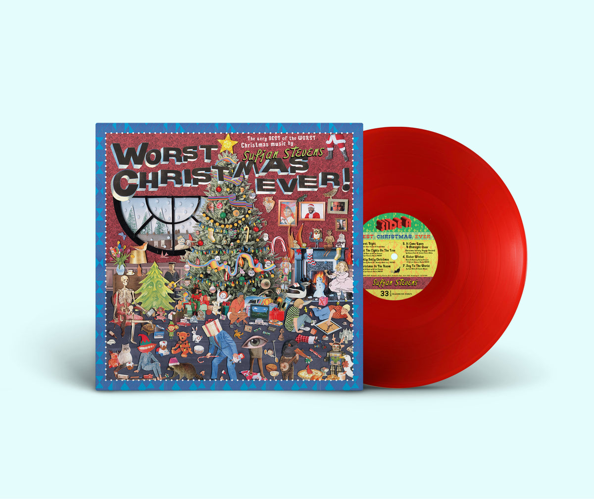 Image of Back Cover of LP - NEW/NEW - SUFJAN STEVENS, Worst Christmas Ever! (Asthmatic Kitty Records; AKR157LP-C1, Worldwide 2026 Reissue, Translucent Rudolph Red Vinyl), , On November 6th, Asthmatic Kitty Records will release Worst Christmas Ever!, a single-LP collection that distills Sufjan Stevens’ expansive holiday catalog—drawn from the box sets Songs for Christmas and Silver & Gold—into one definitive collection. The album pairs fifteen favorites, selected from more than one hundred Christmas recordin