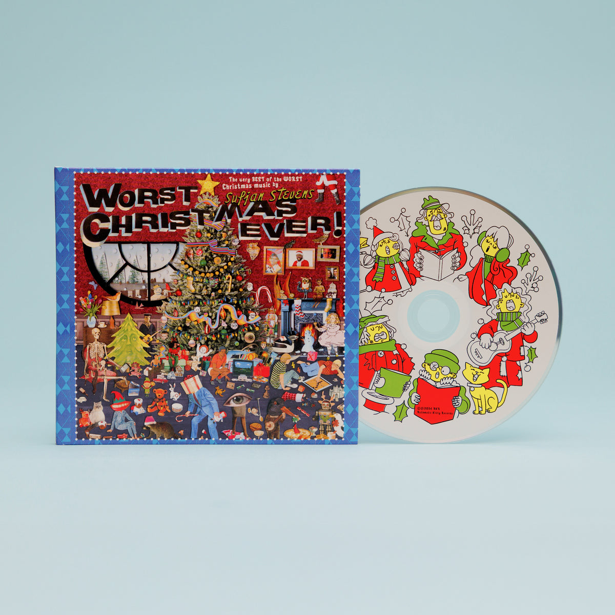 Image of Back Cover of CD - NEW/NEW - SUFJAN STEVENS, Worst Christmas Ever! (Asthmatic Kitty Records; AKR157CD, Worldwide 2026 Reissue, Gatefold Wallet, 12 Page Booklet), , On November 6th, Asthmatic Kitty Records will release Worst Christmas Ever!, a single-LP collection that distills Sufjan Stevens’ expansive holiday catalog—drawn from the box sets Songs for Christmas and Silver & Gold—into one definitive collection. The album pairs fifteen favorites, selected from more than one hundred Christmas recordin