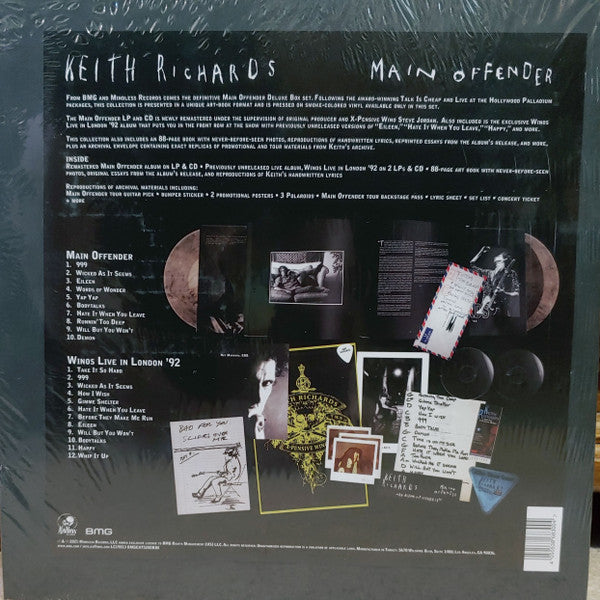 Image of Back Cover of 3xLP - VG+/EX - KEITH RICHARDS, Main Offender (Mindless Records; BMGCAT520DBOX, US 2022 Reissue, Hardback Case Bound Embossed Leather Book Sleeve, Insert, 2 Posters, Bumper Sticker, 180 Gram Vinyl, with 2 CDs, Guitar Pick & more), Still in sealed shrinkwrap with hype sticker but with some splits, - 3846230S