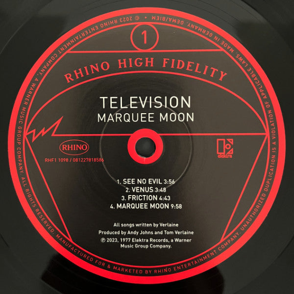 Image of Label Cover of LP - VG+/VG+ - TELEVISION, Marquee Moon (Rhino Records; RHF1 1098, US 2024 Reissue, Glossy Gatefold Sleeve, Booklet, Limited Edition, Numbered, 180 Gram), Lovely clean copy. A couple of minor marks on disc. 0524/5000., - 3846106S