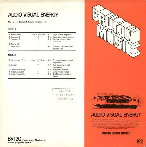 Image of Back Cover of LP - VG/VG+ - ALAN HAWKSHAW, Audio Visual Energy (Bruton Music; BRI 20, UK 1982), , - 3846278S
