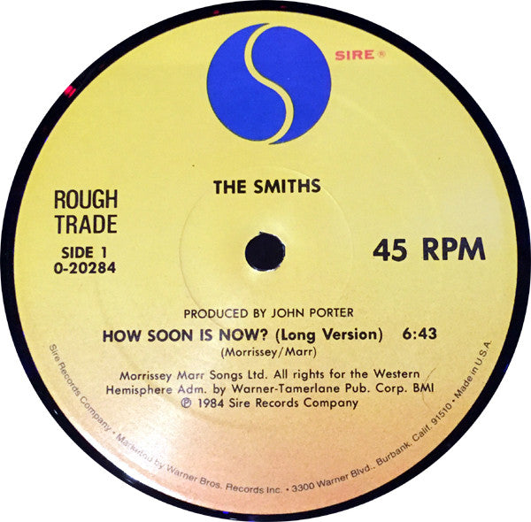 Image of Label Cover of 12" - VG/G - THE SMITHS, How Soon Is Now? (Sire Bottom Perimeter Rim Text; 0-20284, US 1984, Picture Sleeve, Allied Pressing), Sleeve intact but with heavy edge wear, vinyl fogged & lightly marked, sounds ok though., - 3816405C