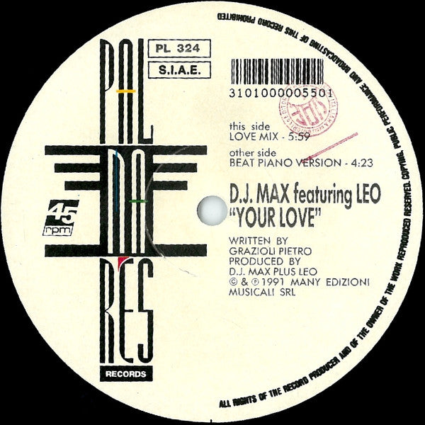 Image of Front Cover of 12" - /VG - DJ MAX (4) FEATURING LEO, Your Love (Palmares Records ; PL 324, Italy 1991), light scuffs and one or two hairlines, - 3846338S