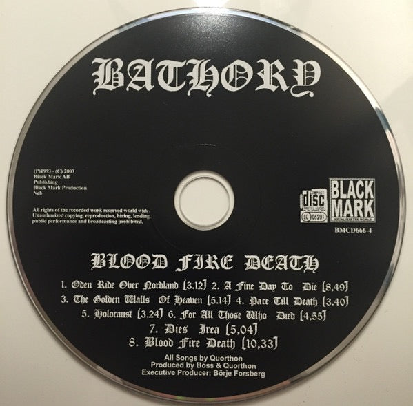Image of Label Cover of CD - VG+/VG+ - BATHORY, Blood Fire Death (Black Mark; BMCD666-4, UK 2010 Reissue, Jewel Case), , - 3916002C