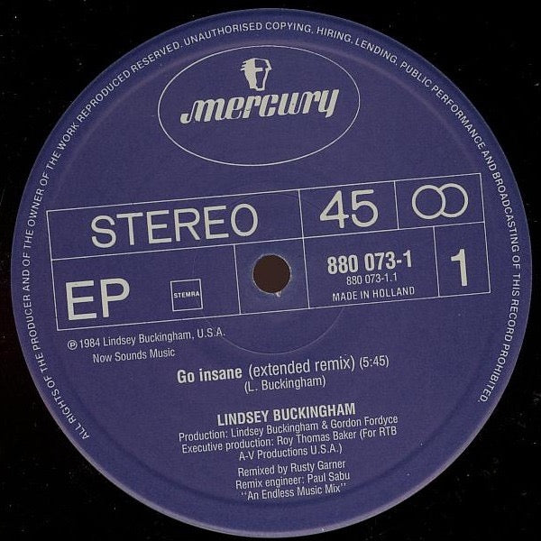 Image of Label Cover of 12" - VG/G+ - LINDSEY BUCKINGHAM, Go Insane (Extended Remix) (Mercury; 880 073-1, Netherlands 1984, Picture Sleeve), Quite a few scuffy hairline marks, All very light, Some light mottled marks to surface only, Plays above grade. Sleev has some ring wear & edge wear. , - 3916055C