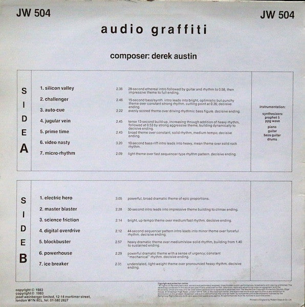 Image of Back Cover of LP - VG/VG+ - DEREK AUSTIN, Audio Graffiti (JW Music Library; JW 504, UK 1983), , - 3946104S