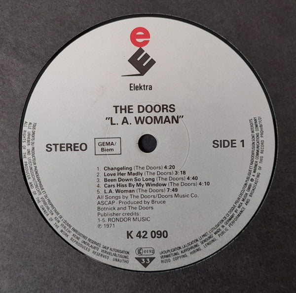 Image of Label Cover of LP - G+/VG - DOORS, L.A. Woman (Elektra; ELK 42 090, Europe ), Large sticker damage on front of sleeve, edge wear., - 3946345S