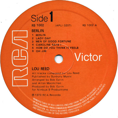 Image of Label Cover of LP - VG/G+ - LOU REED, Berlin (RCA Victor Orange - No Stereo; RS 1002, UK 1970s Reissue, Robert Stace Printing, No Insert, Repress), , - 3926317E
