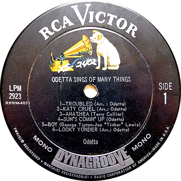 Image of Label Cover of LP - VG/VG - ODETTA, Odetta Sings Of Many Things (RCA Victor Dynagroove Black Labels; LPM-2923, US 1964, Mono), , - 3916346C