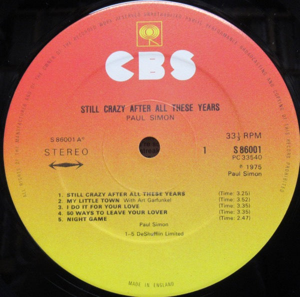 Image of Label Cover of LP - VG/VG+ - PAUL SIMON, Still Crazy After All These Years (CBS Sunburst Labels; S 86001, UK 1975, Embossed Sleeve, Inner, CBS S 86001 Matrices), Light sleeve wear, Clean and glossy disc, - 3916350C