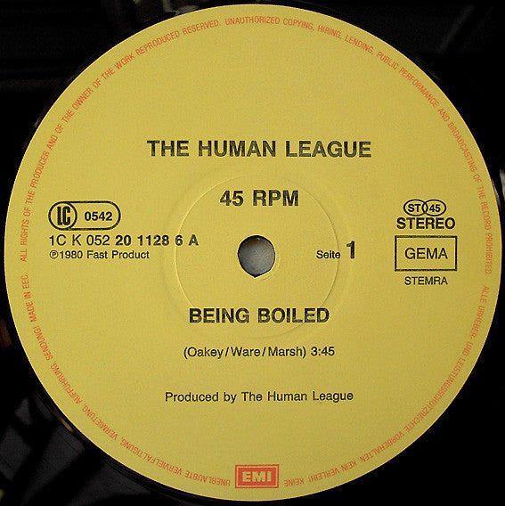 Image of Label Cover of LP - VG/VG - THE HUMAN LEAGUE, Being Boiled / Circus Of Death (EMI; 1C K 052 20 1128 6, Europe 1986 Reissue), Hairlines, sticker damage, ring wear, - 3946259S